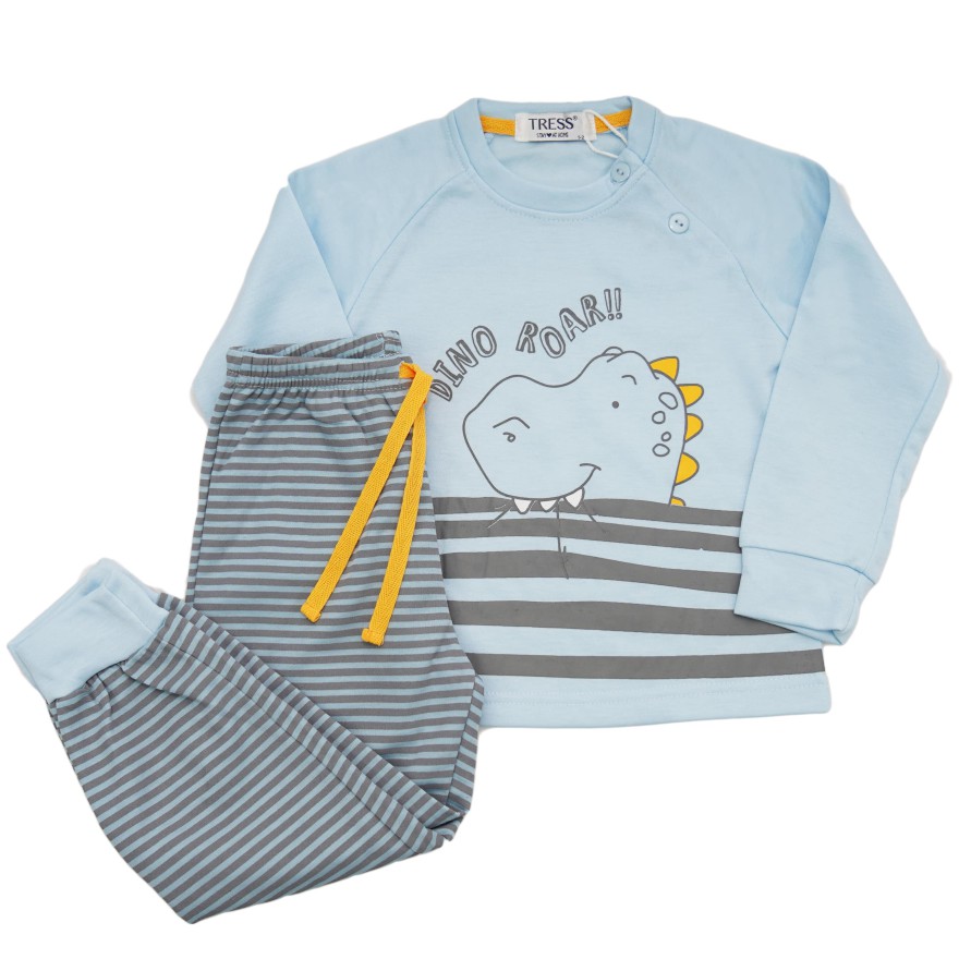 PIŻAMA dziecięca ciepła na meszku błekitna DINO ROAR w szare paski długi rękaw