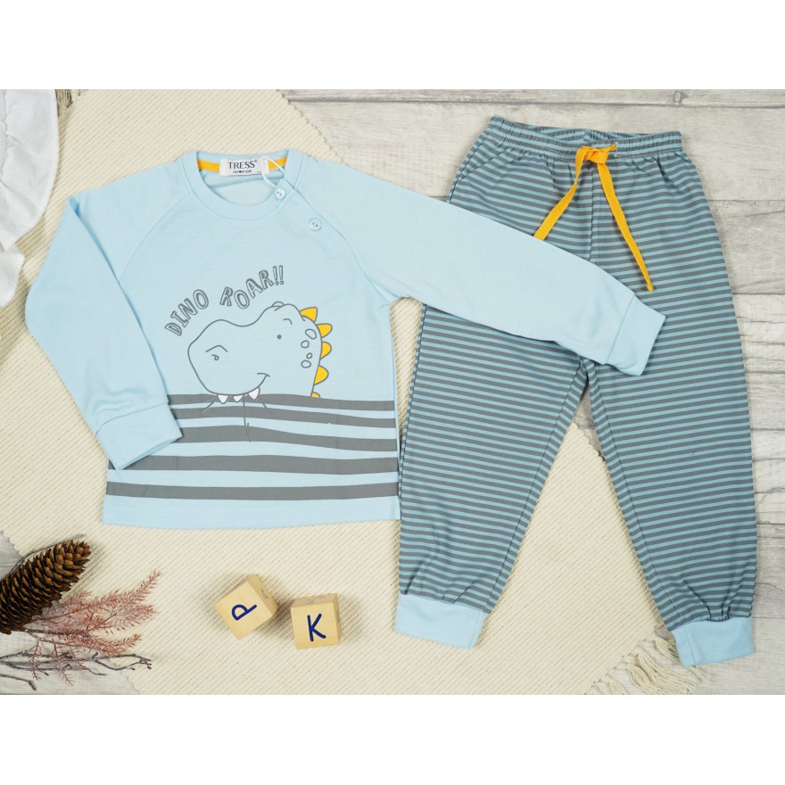 PIŻAMA dziecięca ciepła na meszku błekitna DINO ROAR w szare paski długi rękaw