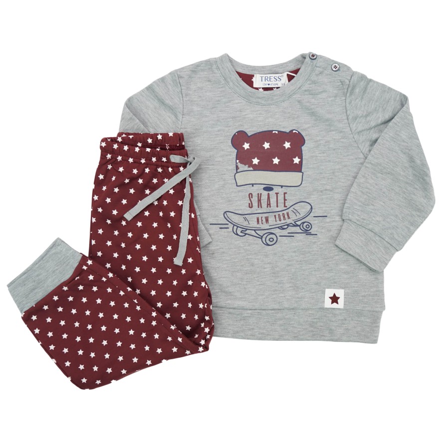 PIŻAMA dziecięca ciepła na meszku szara MIŚ SKATE gwiazdki długi rękaw