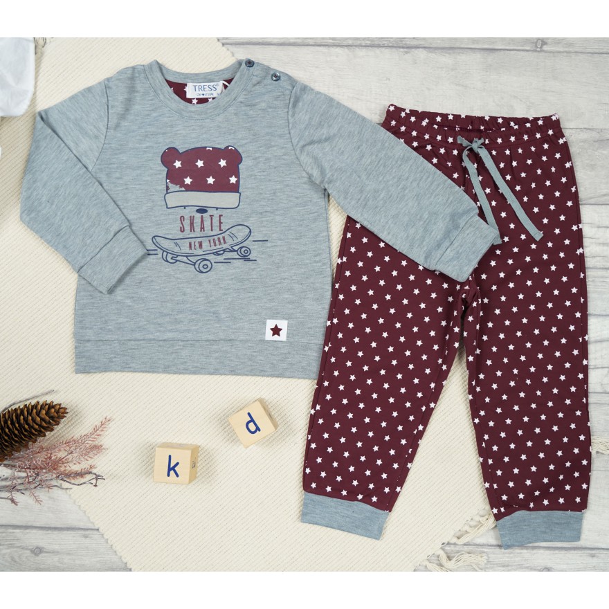 PIŻAMA dziecięca ciepła na meszku szara MIŚ SKATE gwiazdki długi rękaw