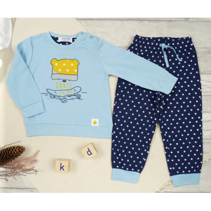 PIŻAMA dziecięca ciepła na meszku błekitna MIŚ SKATE gwiazdki długi rękaw