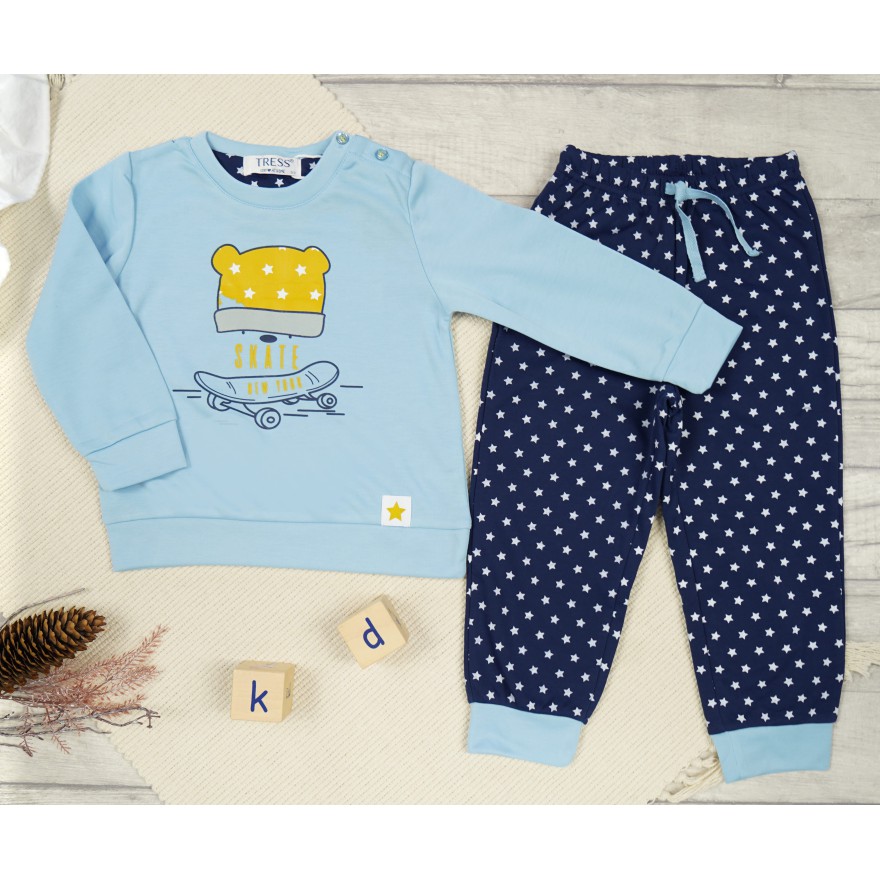 PIŻAMA dziecięca ciepła na meszku błekitna MIŚ SKATE gwiazdki długi rękaw