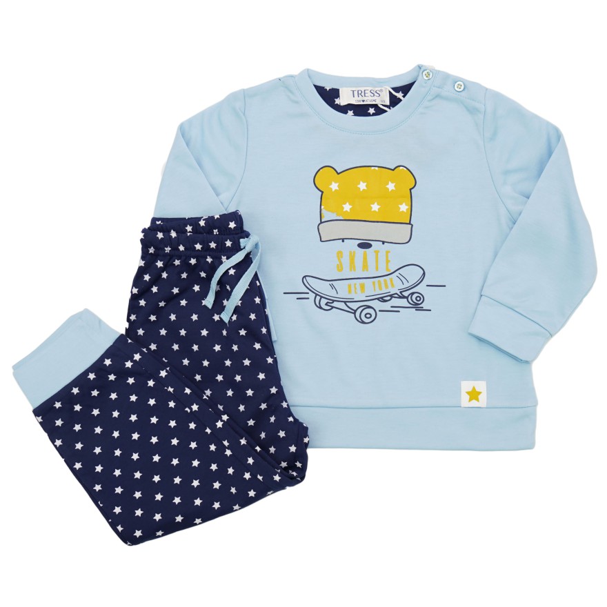 PIŻAMA dziecięca ciepła na meszku błekitna MIŚ SKATE gwiazdki długi rękaw