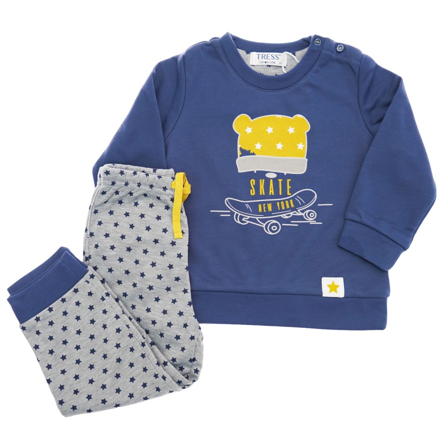 PIŻAMA dziecięca ciepła na meszku granatowa MIŚ SKATE gwiazdki długi rękaw