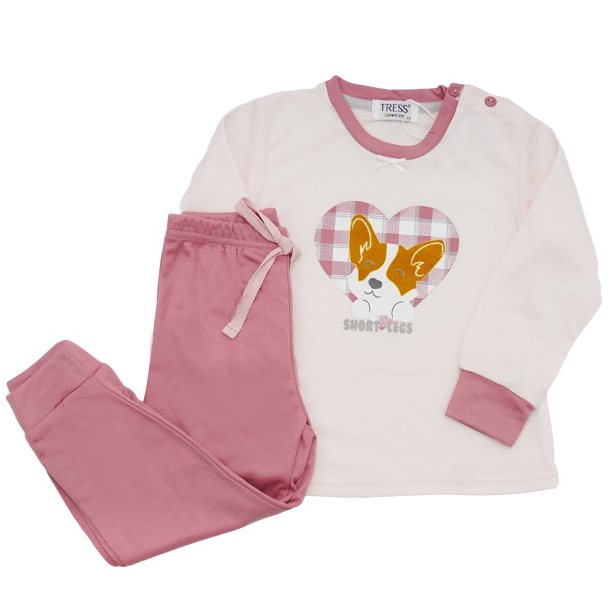 PIŻAMA dziecięca ciepła na meszku jasny róż z pieskiem długi rękaw różowe spodnie
