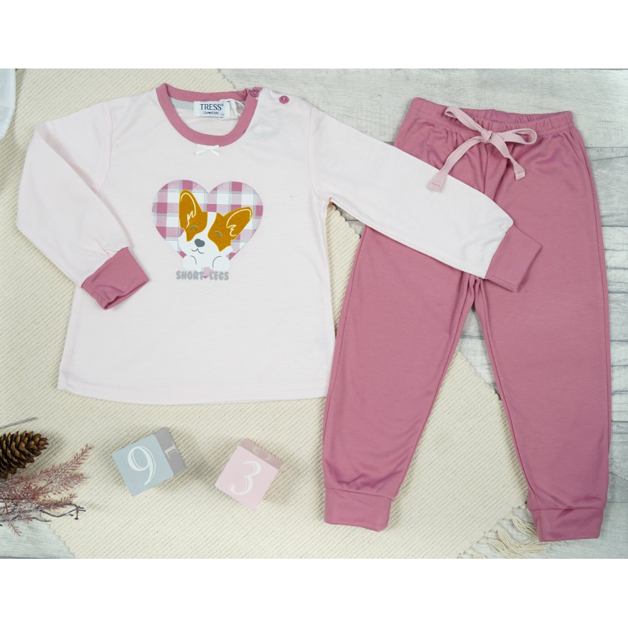 PIŻAMA dziecięca ciepła na meszku jasny róż z pieskiem długi rękaw różowe spodnie