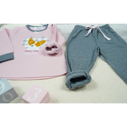 PIŻAMA dziecięca ciepła na meszku pudrowy róż z pieskiem długi rękaw szare spodnie