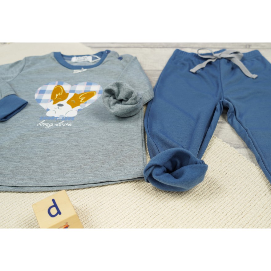 PIŻAMA dziecięca ciepła na meszku szara z pieskiem długi rękaw niebieskie spodnie