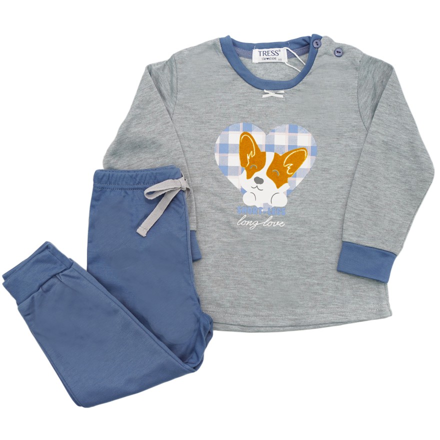 PIŻAMA dziecięca ciepła na meszku szara z pieskiem długi rękaw niebieskie spodnie