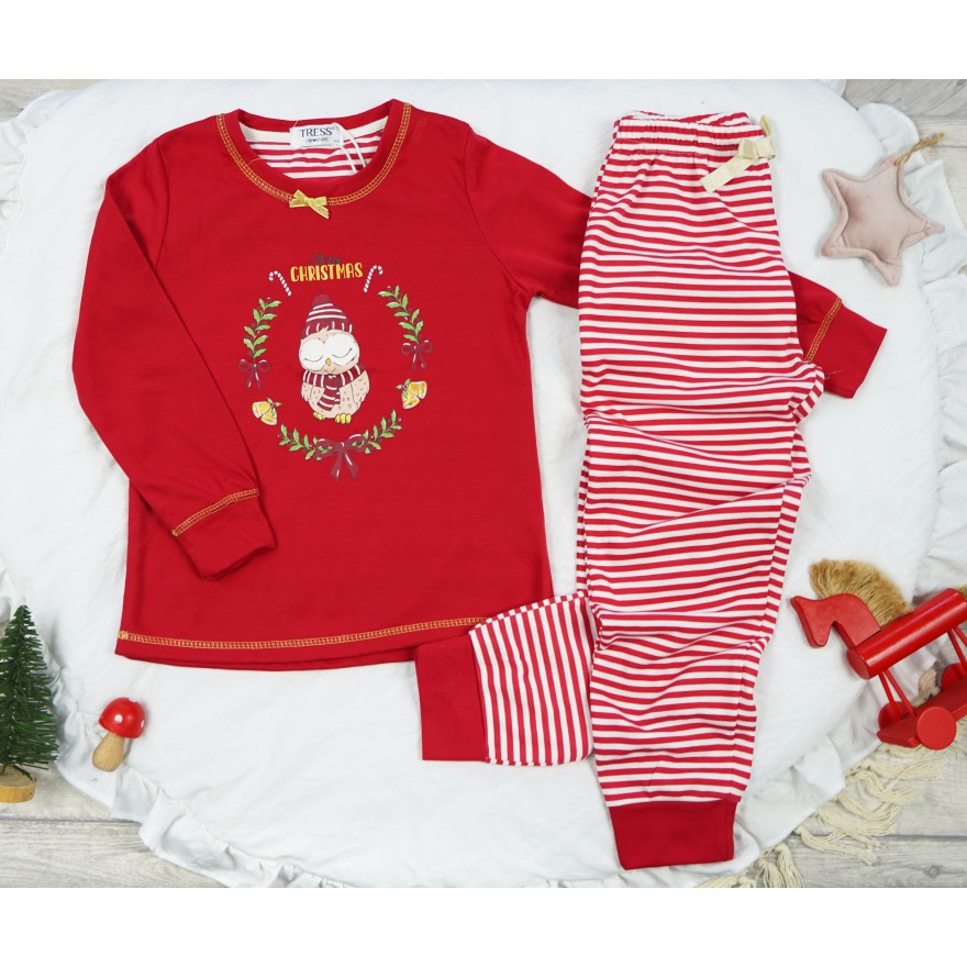 PIŻAMA dziecięca ocieplana na meszku czerwona z sową długi rękaw święta