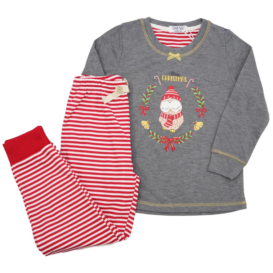 PIŻAMA dziecięca ocieplana na meszku szara z sową długi rękaw święta