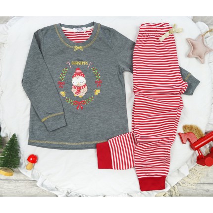 PIŻAMA dziecięca ocieplana na meszku szara z sową długi rękaw święta