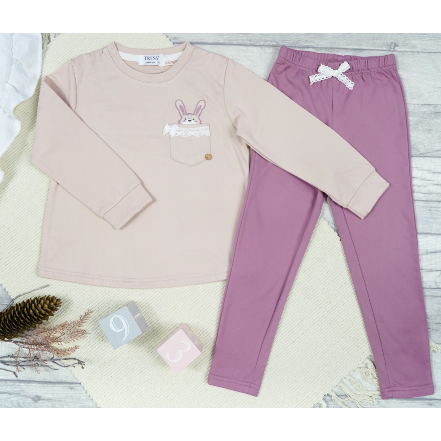 PIŻAMA dziecięca ciepła wiskoza fioletowo- różowa z króliczkiem długi rękaw