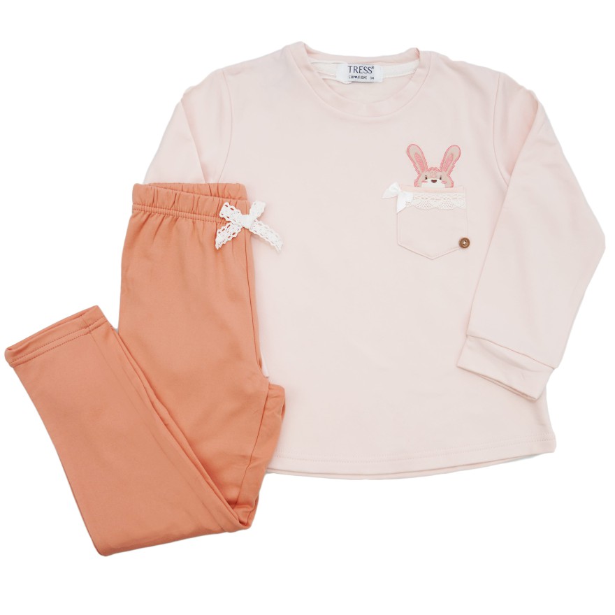 PIŻAMA dziecięca ciepła wiskoza brzoskwiniowo- różowa z króliczkiem długi rękaw