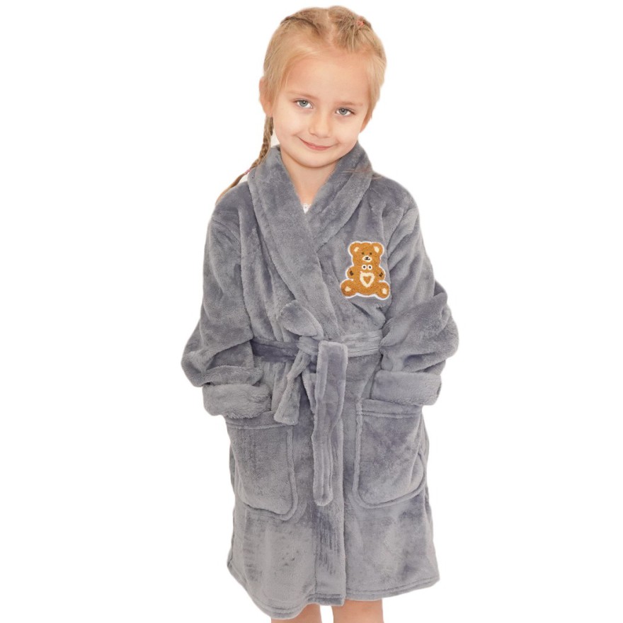 Szary ciepły SZLAFROK dziecięcy z misiem