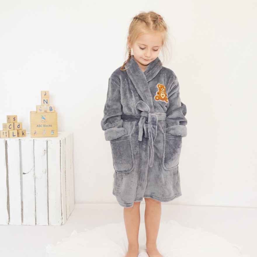 Szary ciepły SZLAFROK dziecięcy z misiem