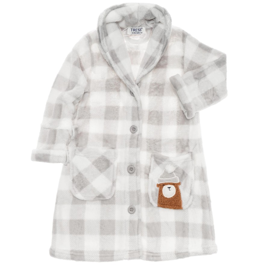 Szary ciepły SZLAFROK dziecięcy w kratkę kieszonki z misiem