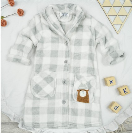 Szary ciepły SZLAFROK dziecięcy w kratkę kieszonki z misiem