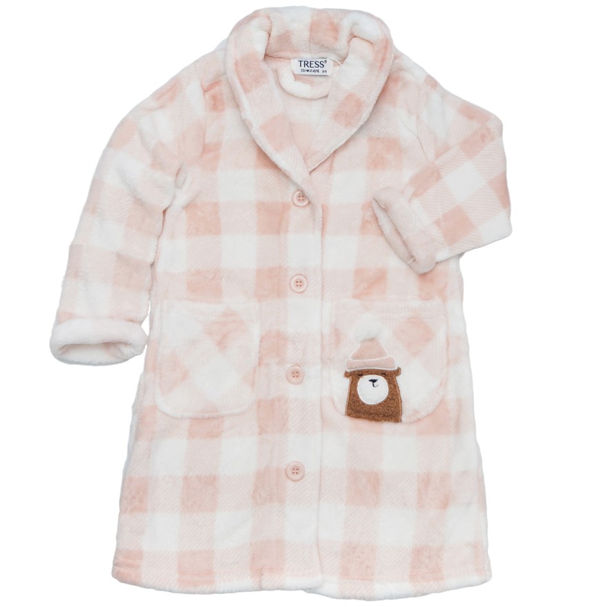 Różowy ciepły SZLAFROK dziecięcy w kratkę kieszonki z misiem