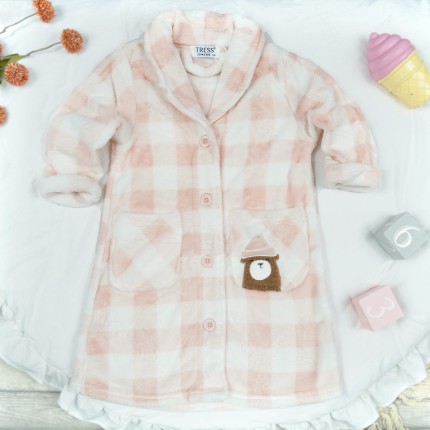 Różowy ciepły SZLAFROK dziecięcy w kratkę kieszonki z misiem