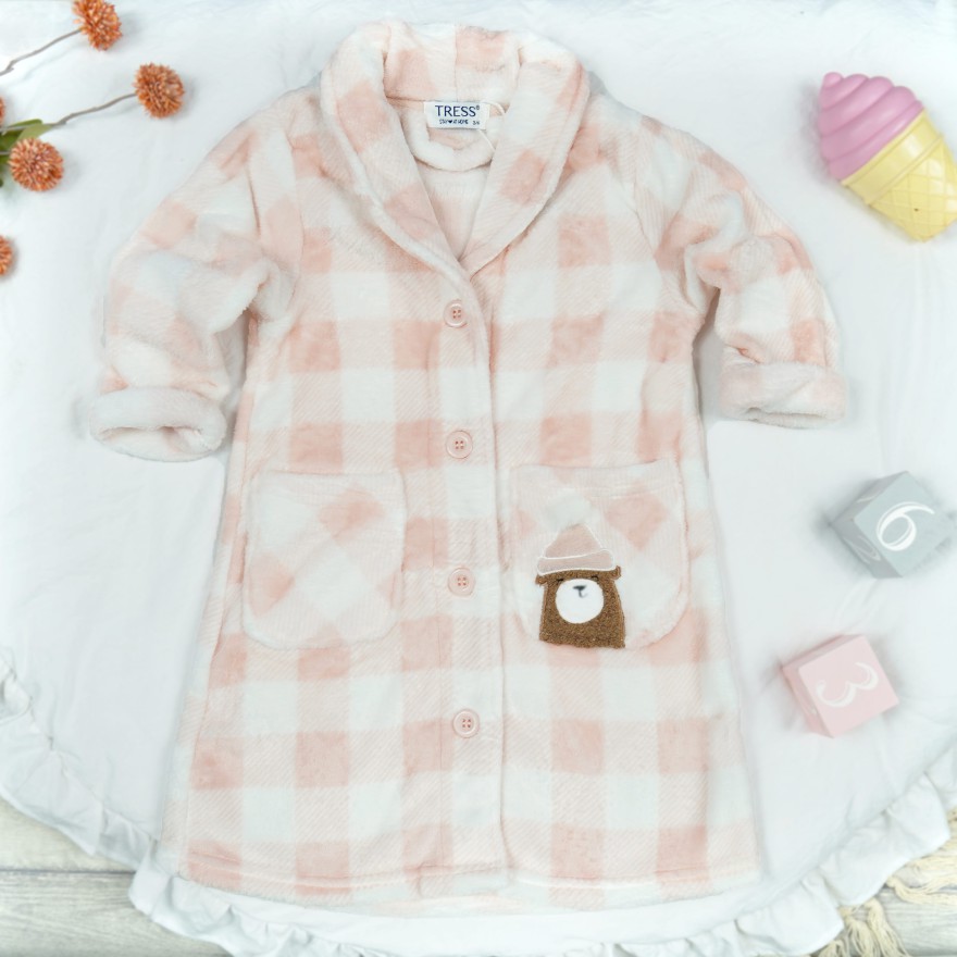 Różowy ciepły SZLAFROK dziecięcy w kratkę kieszonki z misiem