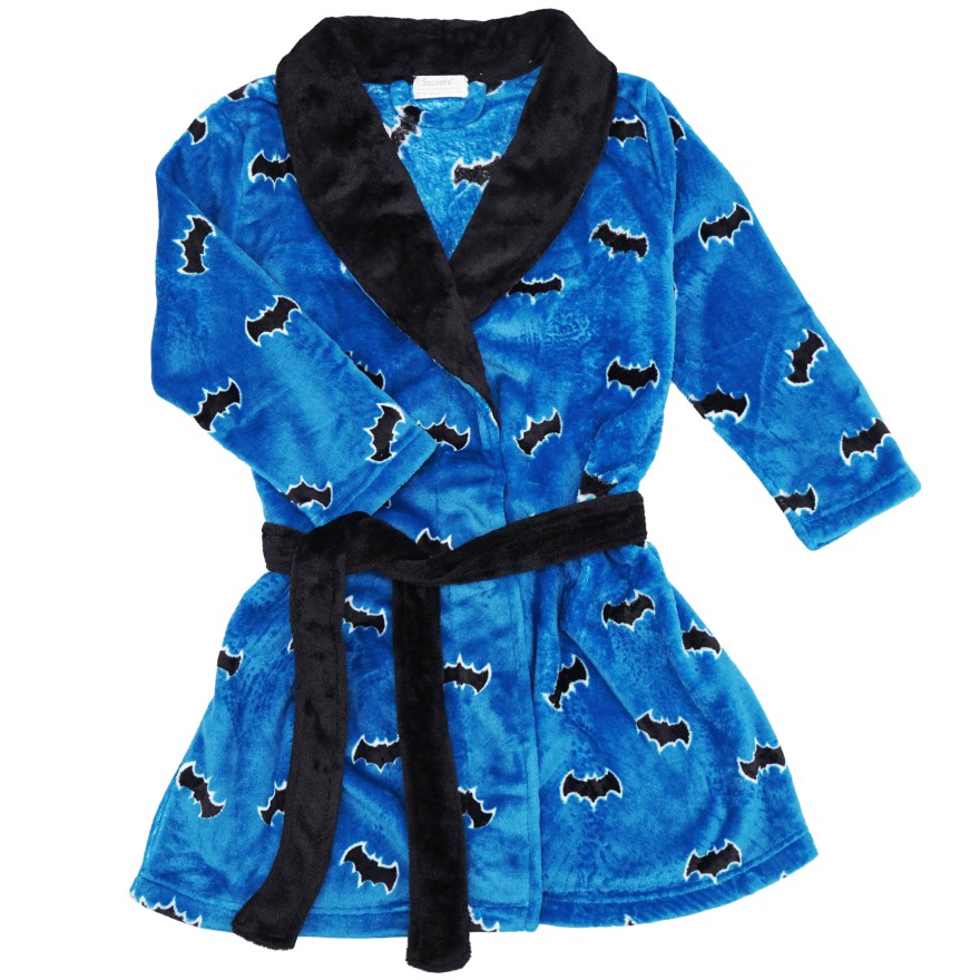 Niebiesko czarny SZLAFROK chłopięcy w nietoperze wiązany