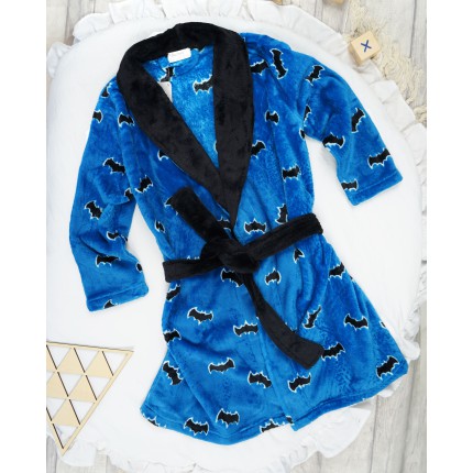 Niebiesko czarny SZLAFROK chłopięcy w nietoperze wiązany
