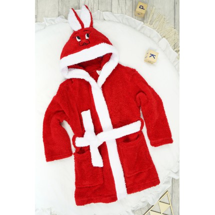 Czerwony ciepły SZLAFROK królik z kapturem wiązany święta