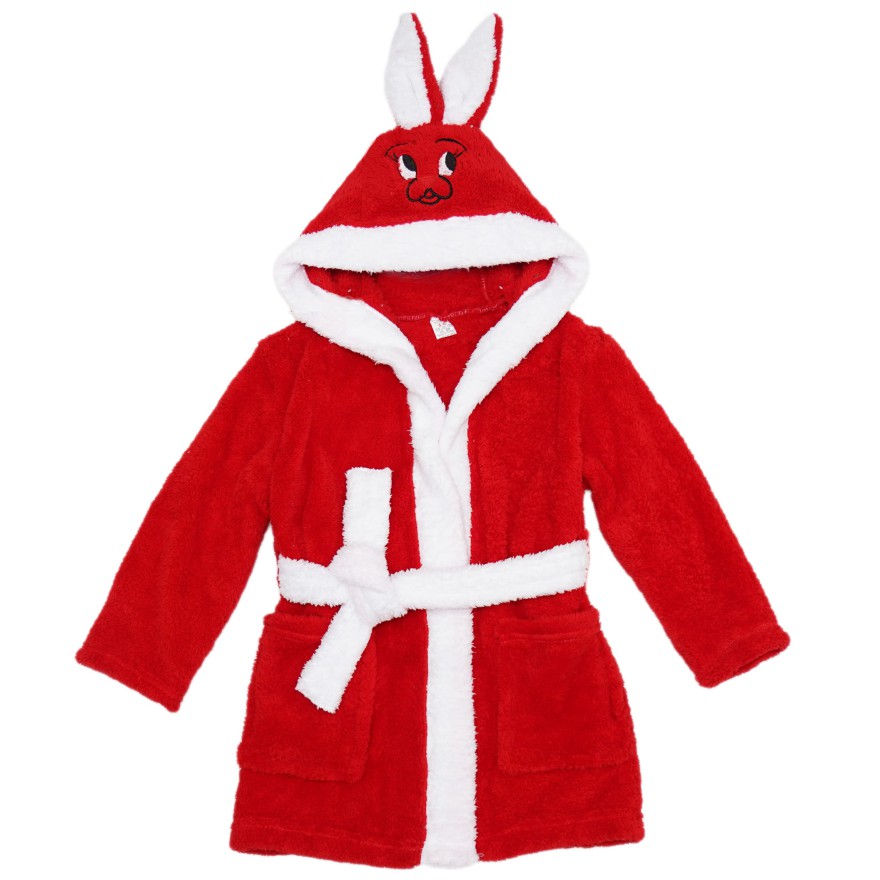 Czerwony ciepły SZLAFROK królik z kapturem wiązany święta