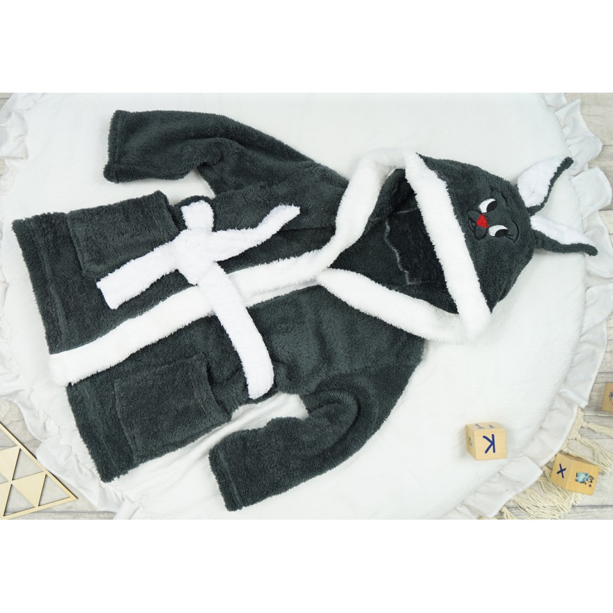 Ciemny szary ciepły SZLAFROK królik z kapturem wiązany