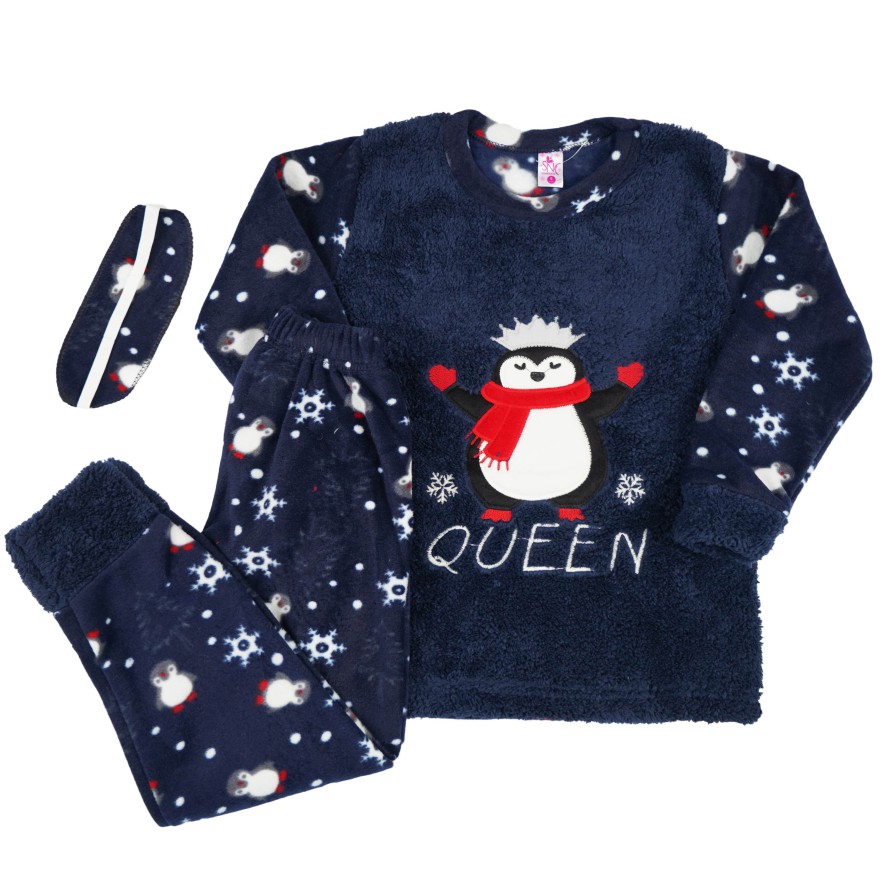 Granatowa PIŻAMA polarowa ciepła z pingwinkiem Queen święta