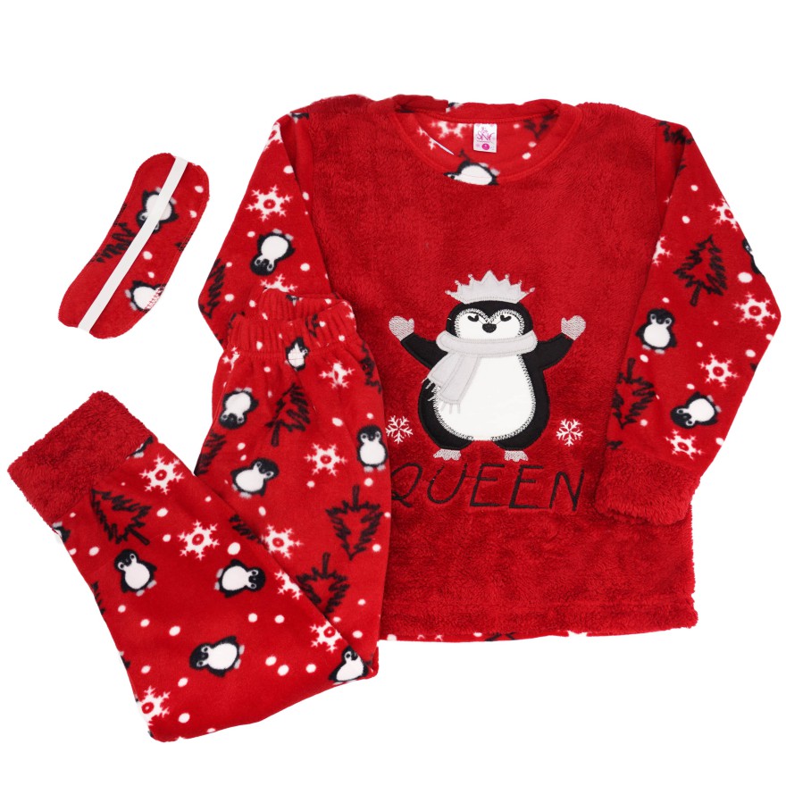 Czerwona PIŻAMA polarowa ciepła z pingwinkiem Queen święta