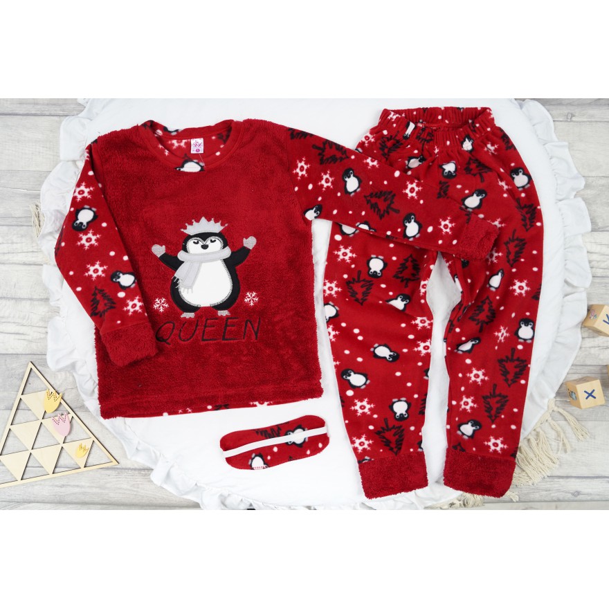 Czerwona PIŻAMA polarowa ciepła z pingwinkiem Queen święta