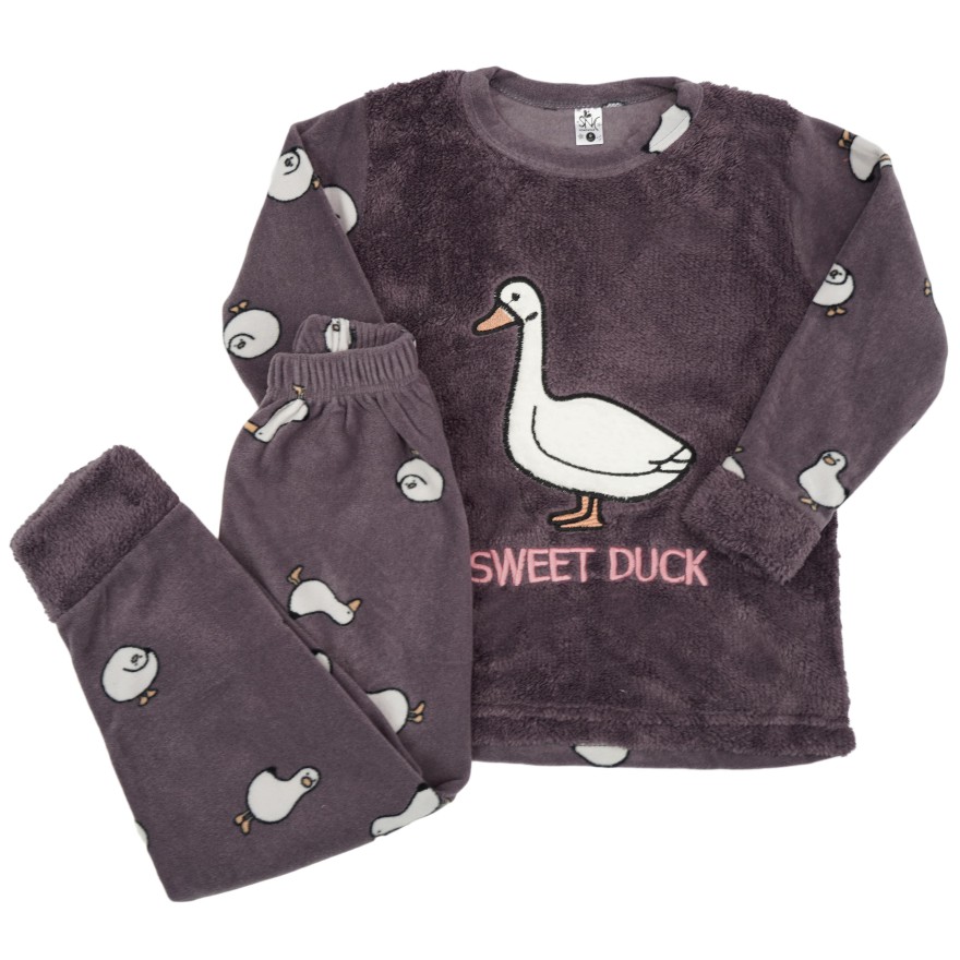 Fioletowa PIŻAMA polarowa ciepła z kaczką długi rękaw