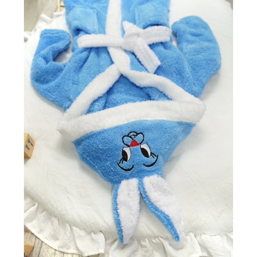 Niebieski ciepły SZLAFROK królik z kapturem wiązany