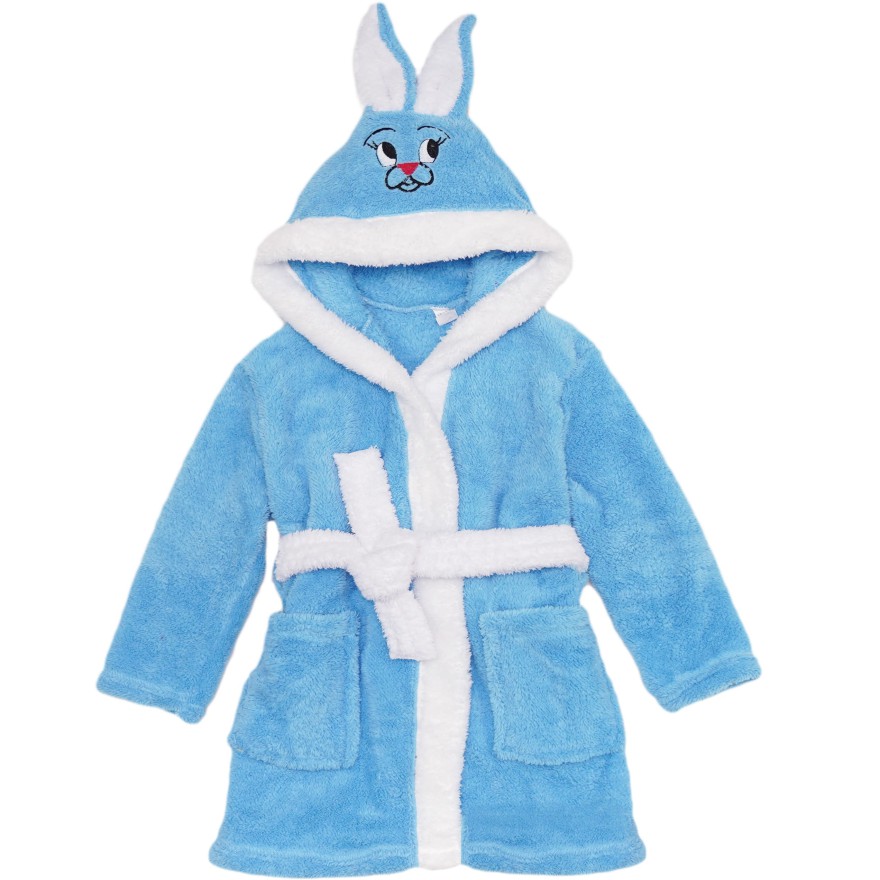 Niebieski ciepły SZLAFROK królik z kapturem wiązany
