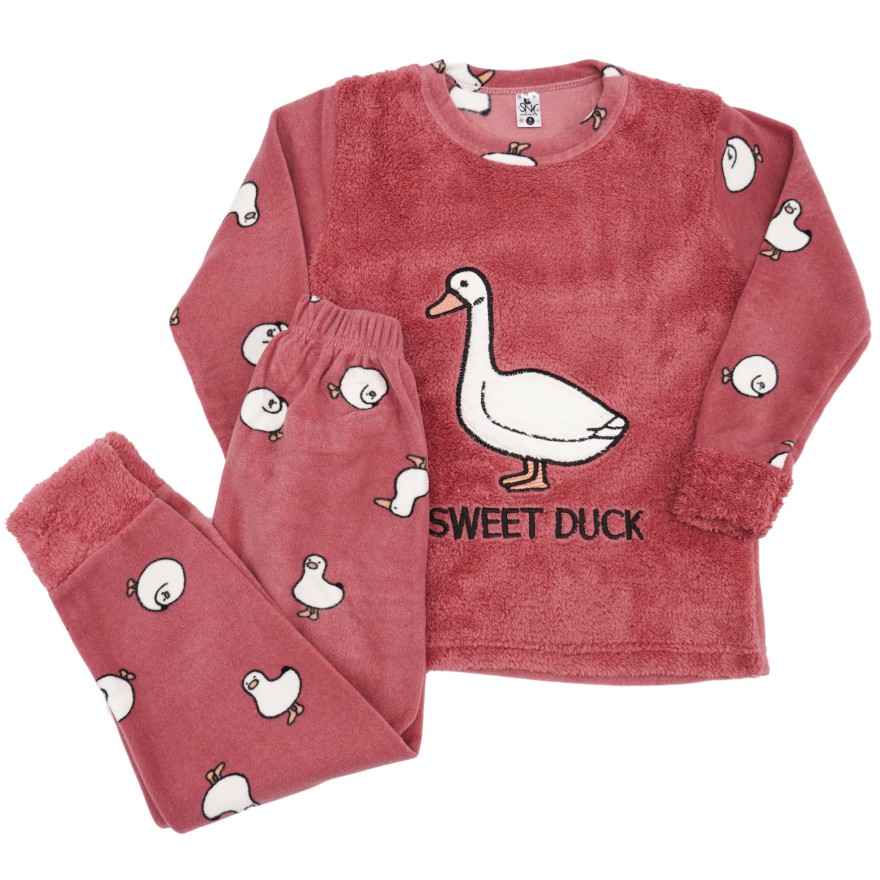 Ciemny róż PIŻAMA polarowa ciepła z kaczką długi rękaw