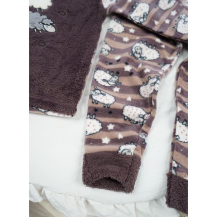 Fioletowa PIŻAMA polarowa ciepła w owieczki długi rękaw