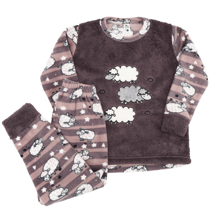 Fioletowa PIŻAMA polarowa ciepła w owieczki długi rękaw