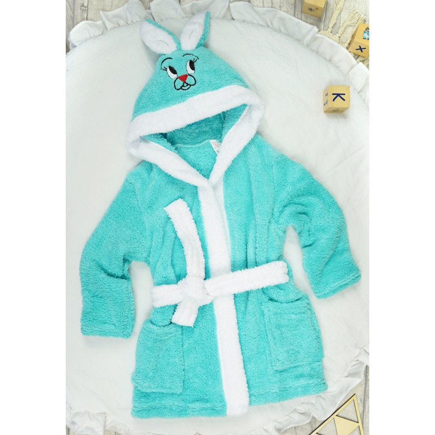 Zielony ciepły SZLAFROK królik z kapturem wiązany