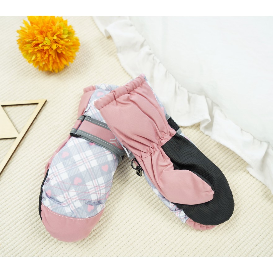 Różowe rękawiczki na śnieg narty KRATKA SERCA 1P r.74-104