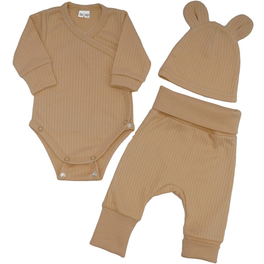 Brązowy komplet niemowlęcy rosnący z regulacją wielkości w prążek body spodnie czapka wyprawka