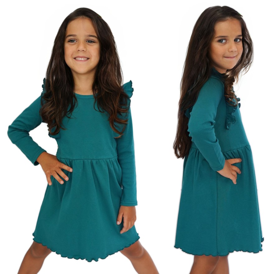 Butelkowa zieleń SUKIENKA gładka z falbanką długi rękaw święta