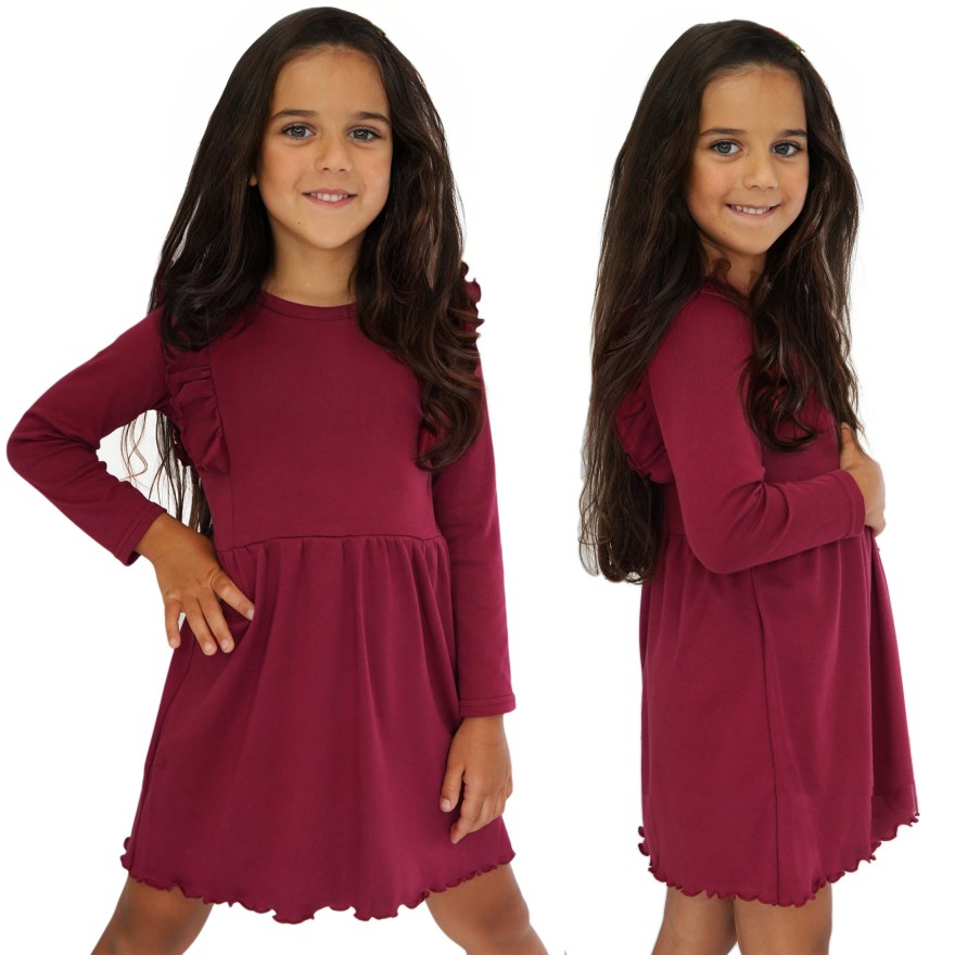 Bordowa SUKIENKA gładka z falbanką długi rękaw święta