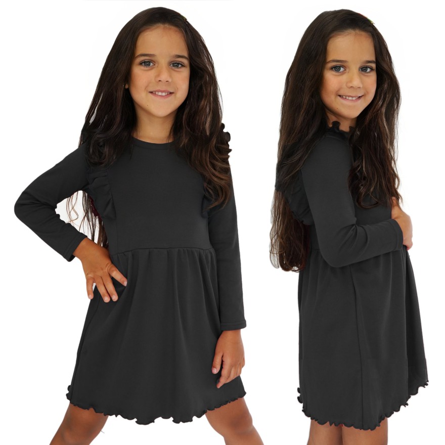 Czarna SUKIENKA gładka z falbanką długi rękaw