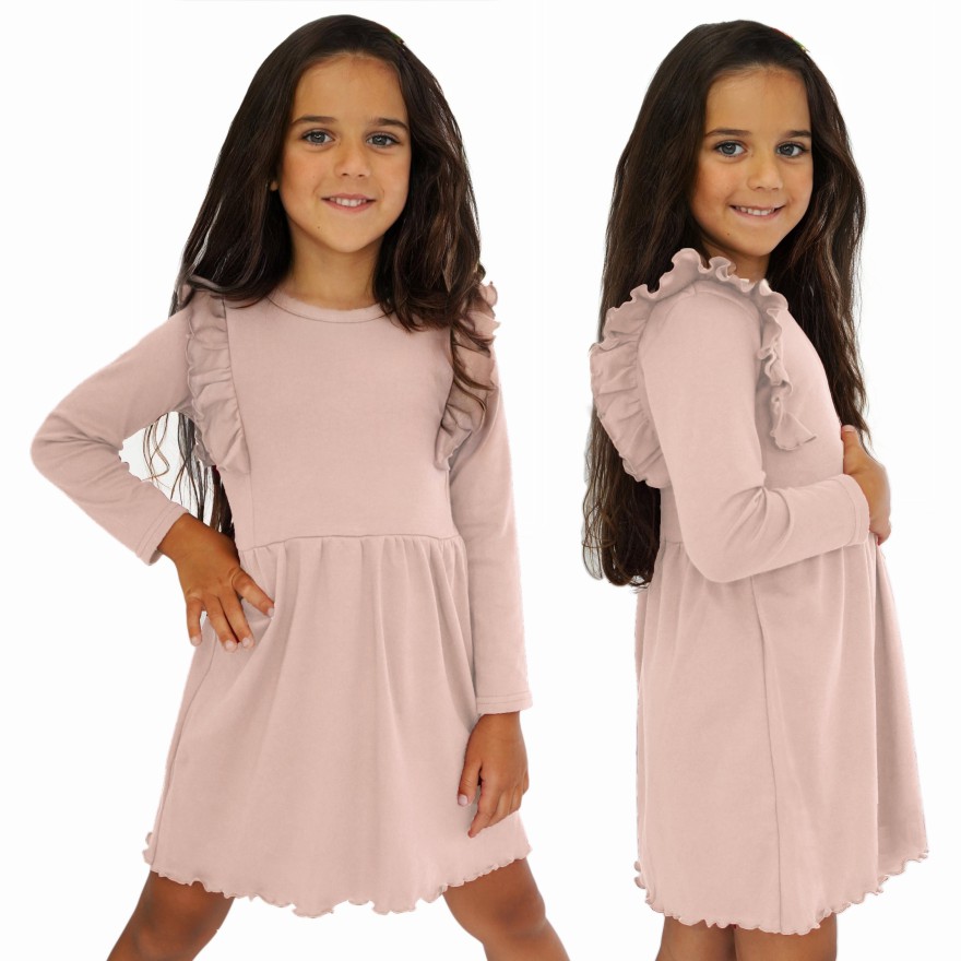 Pudrowy róż SUKIENKA gładka z falbanką długi rękaw