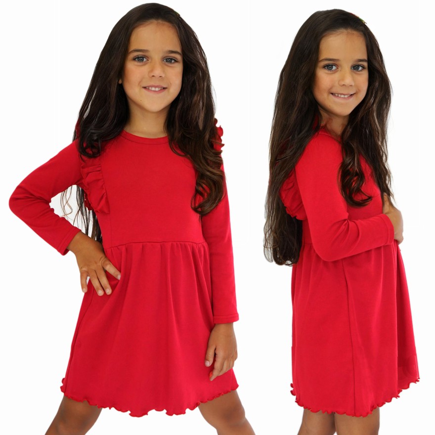 Czerwona SUKIENKA gładka z falbanką długi rękaw święta