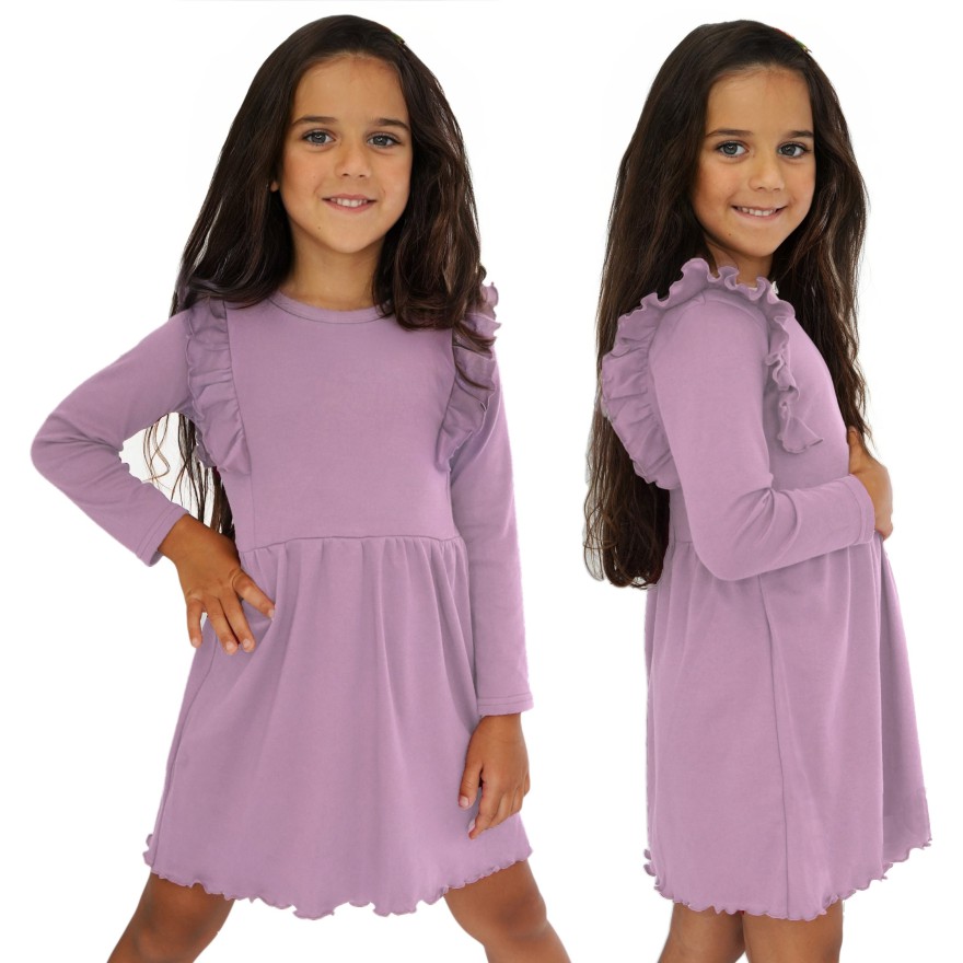 Wrzosowa SUKIENKA gładka z falbanką długi rękaw