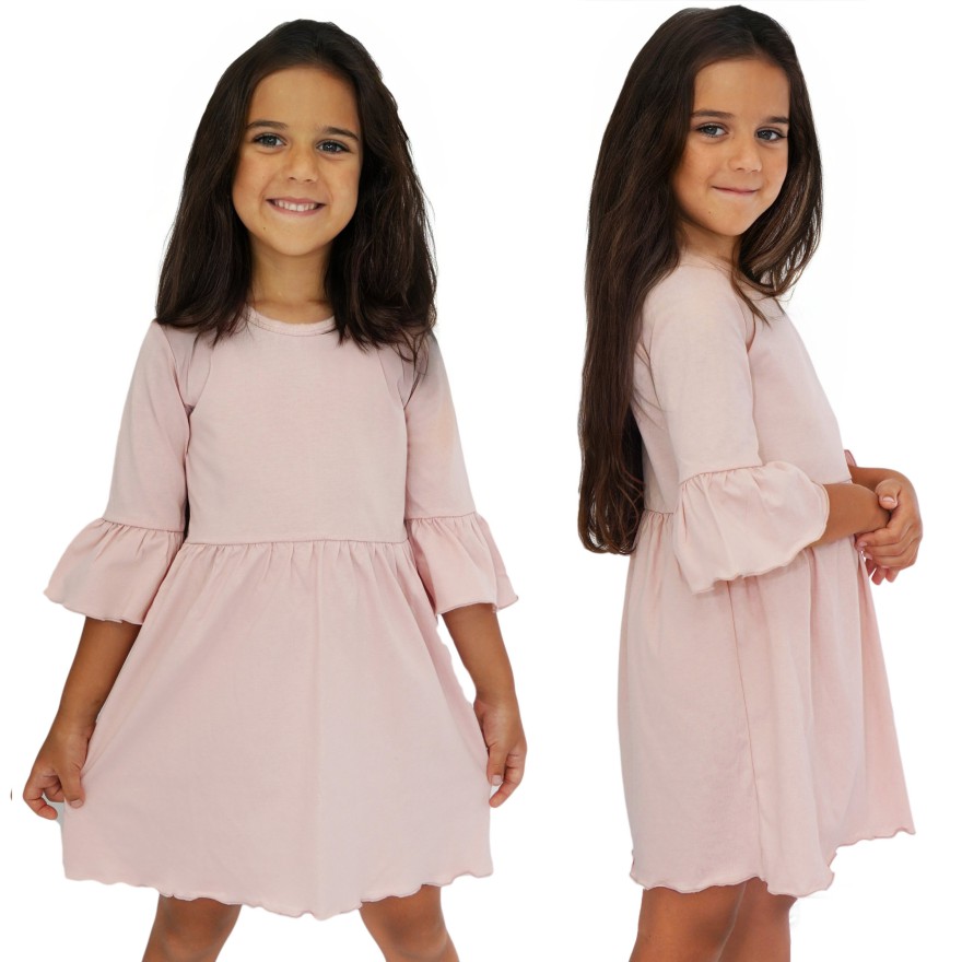 Różowa SUKIENKA IGA z falbanką przy rękawach wesele