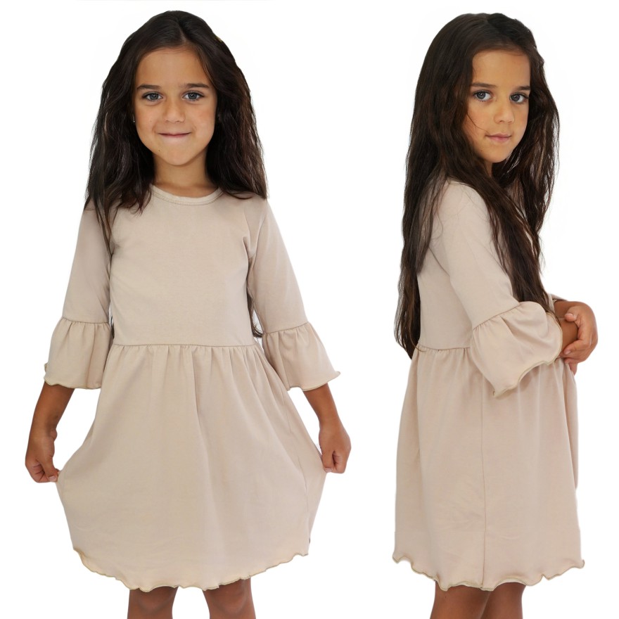 Beżowa SUKIENKA IGA z falbanką przy rękawach wesele święta